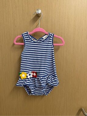 Florence Eiseman Blue and White Striped Flower Appliqué One-Piece Bodysuit